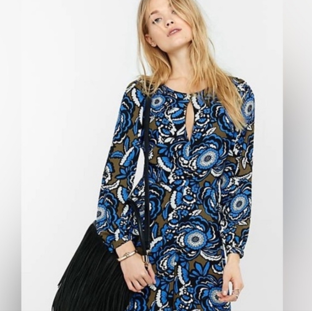 New Express Blue Black Brown Floral Long Sleeve Jumpsuit Size 4